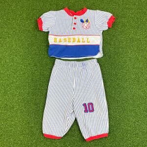 Vintage 90s y2K Baby Striped Baseball Two Piece Embroidered Pant Set Sz 12 Mo